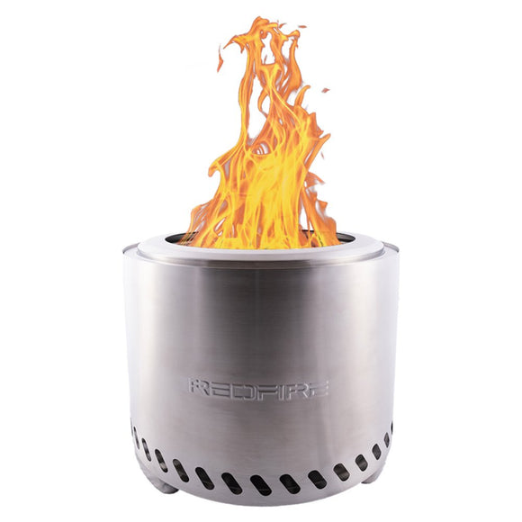 Vatra RedFire Volcano Large din inox, aprinsa, cu flacara mare, vazuta in studio