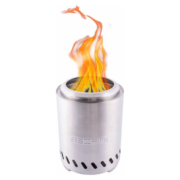 Vatra de masa RedFire Volcano Medium din inox, aprinsa, cu flacara in partea de sus, vazuta in studio