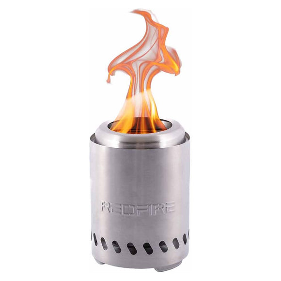 Vatra de masa RedFire Volcano Small din inox, aprinsa, cu flacara in partea de sus, vazuta in studio