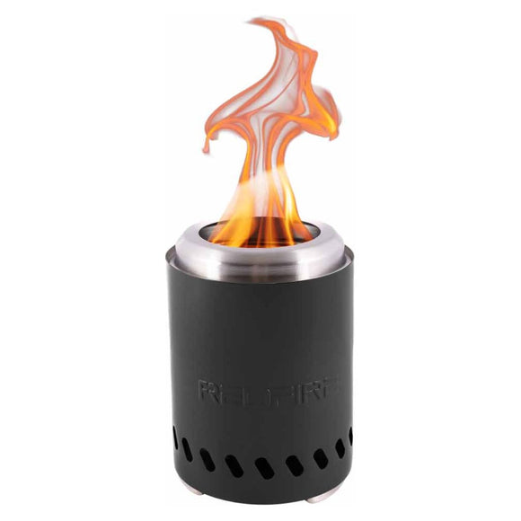Vatra de masa RedFire Volcano Small neagra, aprinsa, cu flacara in partea de sus, vazuta in studio