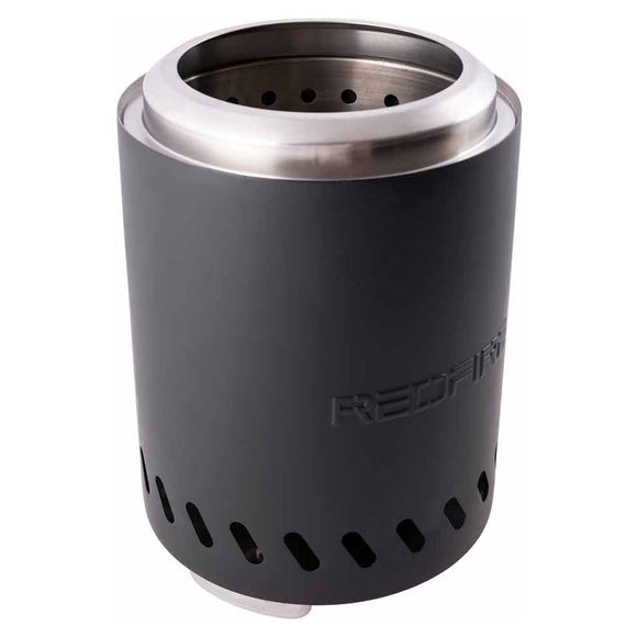 Vatra RedFire Volcano Small, cu corp negru si margine din inox, vazuta pe o parte