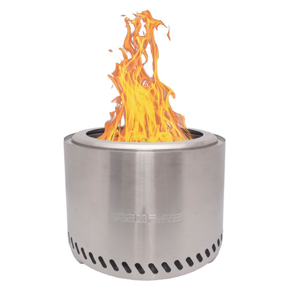 Vatra RedFire Volcano Extra Large din inox, aprinsa, cu flacara mare, vazuta in studio