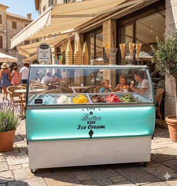 Vitrina de inghetata Curacao, expunere 10 cuve, -22/-15°C, racire statica, iluminare LED, 0.5 kW, clasa energetica A