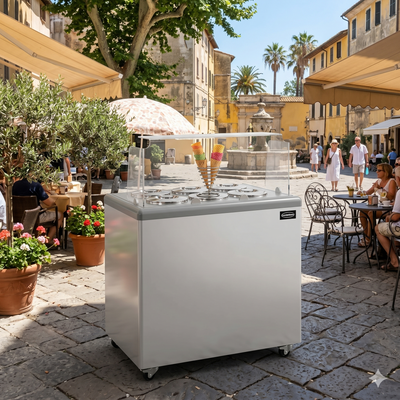 Vitrina servire inghetata, expunere 6 cuve rotunde, -20/-10°C, racire statica,, clasa energetica A