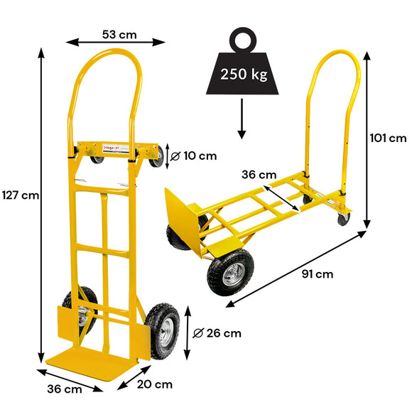 Carucior transport pliabil 2in1 de magazie tip roaba 250kg galben