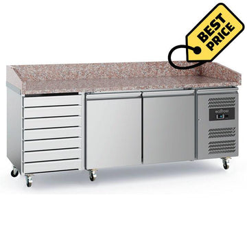 Banc refrigerat pizza din inox, blat granit, cu 2 usi si 7 sertare, Temp. 2 8 C, dotat cu roti