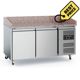 Banc refrigerat pizza din inox, blat granit, cu 2 usi, Temp. 2 8 C, dotat cu roti
