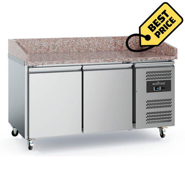 Banc refrigerat pizza din inox, blat granit, cu 2 usi, Temp. 2 8 C, dotat cu roti