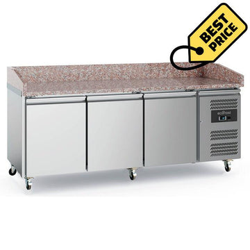 Banc refrigerat pizza din inox, blat granit, cu 3 usi, Temp. 2 8 C, dotat cu roti