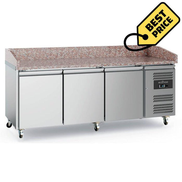 Banc refrigerat pizza din inox, blat granit, cu 3 usi, Temp. 2 8 C, dotat cu roti