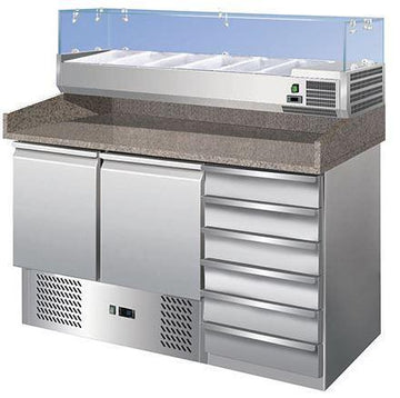 Banc refrigerat pizza cu 2 usi 6 sertare cu vitrina de ingrediente Banc refrigerat pizza cu 2