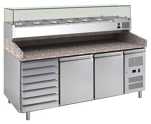 Banc refrigerat pizza cu 2 usi 7 sertare cu vitrina de ingrediente