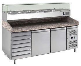 Banc refrigerat pizza cu 2 usi 7 sertare cu vitrina de ingrediente