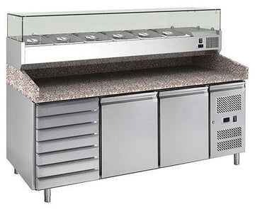 Banc refrigerat pizza cu 2 usi 7 sertare cu vitrina de ingrediente