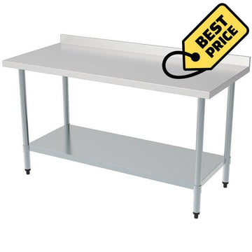 Masa cu blat inox 1800 x 700 x H850 mm, cu polita si inaltator la perete Masa metalica cu picioare si