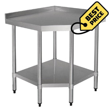 Masa de colt cu blat inox 900 x 900 x H850 mm, cu polita si inaltator Masa metalica cu picioare si