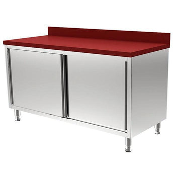 Masa dulap inox preparare carne cu blat polietilena rosie, 1200 x 700 x H850 mm, cu 2 usi culisante