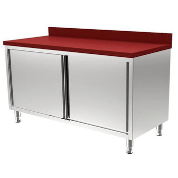 Masa dulap inox preparare carne cu blat polietilena rosie, 1600 x 700 x H850 mm, cu 2 usi culisante