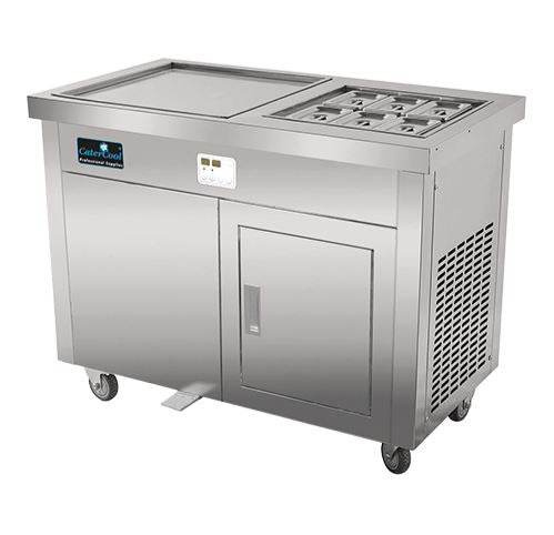 Masina de inghetata thailandeza cu plita refrigerata 50x50 cm si dulap depozitare refrigerata