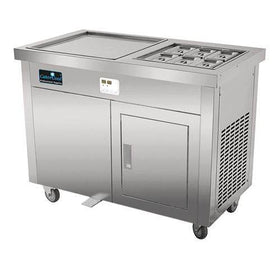 Masina de inghetata thailandeza cu plita refrigerata 50x50 cm si dulap depozitare refrigerata