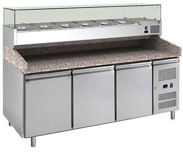 Banc refrigerat pizza cu 3 usi si vitrina de ingrediente