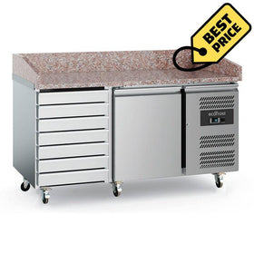 Banc refrigerat pizza din inox, blat granit, cu 1 usa si 7 sertare, Temp. +2 / +8 °C, dotat cu roti - eurogastro.ro