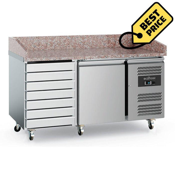 Banc refrigerat pizza din inox, blat granit, cu 1 usa si 7 sertare, Temp. +2 / +8 °C, dotat cu roti - eurogastro.ro