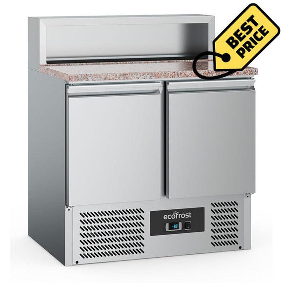 Banc refrigerat pizza din inox, blat granit, cu 2 usi, Temp. +2 / +8 °C, cu locas pt 5 cuve GN 1/6, agregar inferior - eurogastro.ro