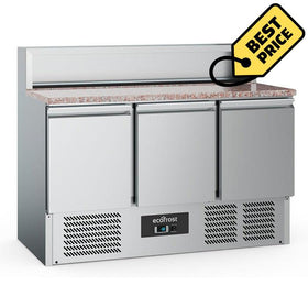 Banc refrigerat pizza din inox, blat granit, cu 3 usi, Temp. +2 / +8 °C, cu locas pt. 7 cuve GN 1/6, agregat inferior - eurogastro.ro