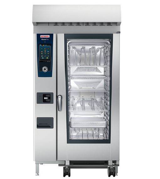 Cuptor convectomat 20 tavi GN1/1 pentru gastronomie cu hota UltraVent cu condensare si suport inox cu sine pentru tavi - eurogastro.ro