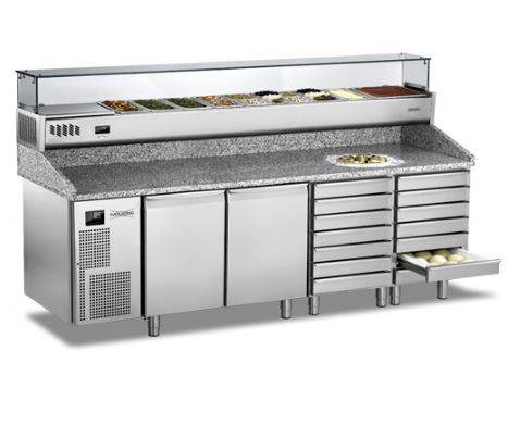 Masa refrigerata pizza cu blat granit, cu 2 usi si 12 sertare + vitrina ingrediente - eurogastro.ro