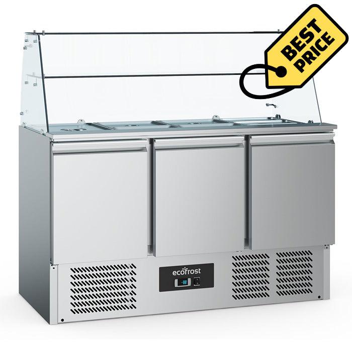 Saladeta refrigerata inox cu 3 usi, Temp. +2 / +8 °C, cu suprastructura sticla, agregat inferior - eurogastro.ro